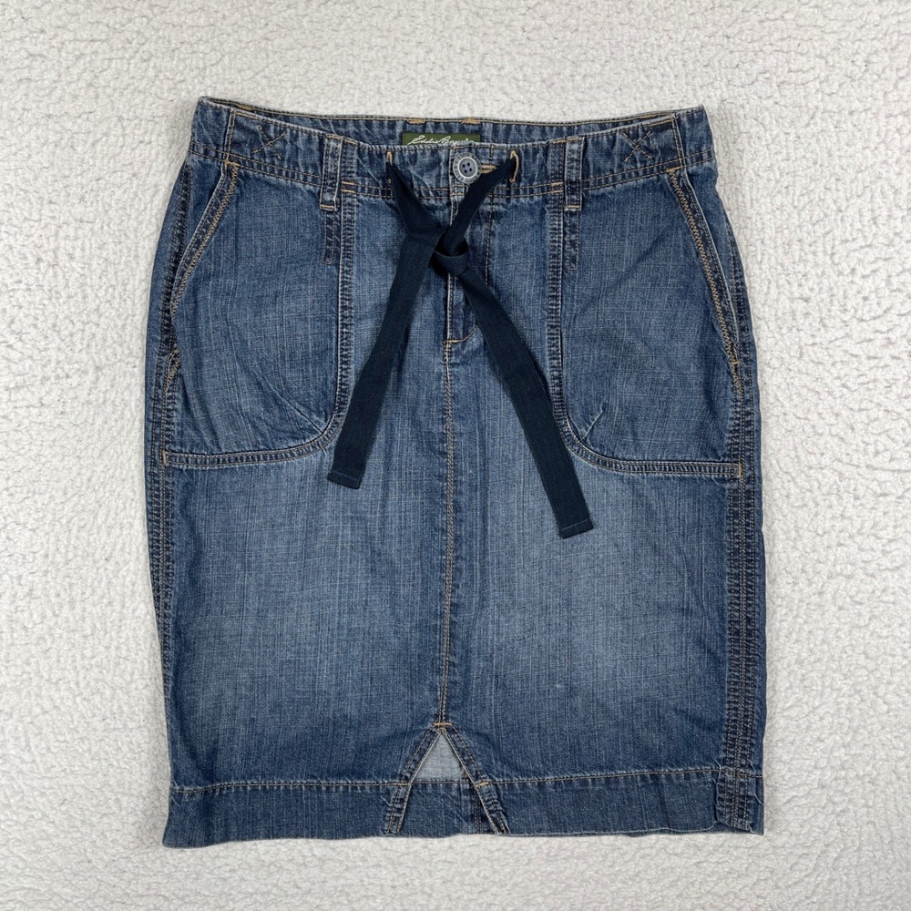 Eddie Bauer Denim Skirt Womens 6 Blue‎ Cotton Tencel Drawstring Knee Length